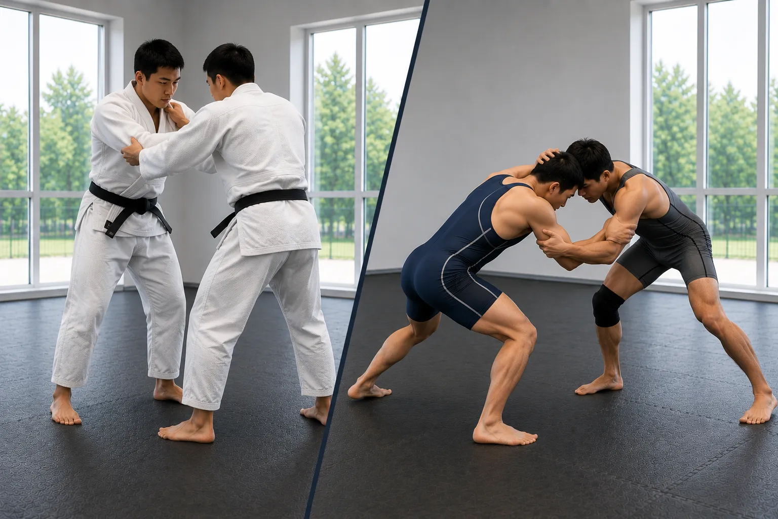 Two judo practitioners in white uniforms and black belts grip fighting, beside two wrestlers in singlets locked in a collar tie.