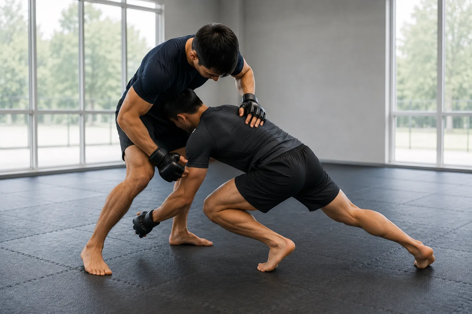 Two MMA athletes in open-fingered training gloves working a controlled takedown entry on the mat.