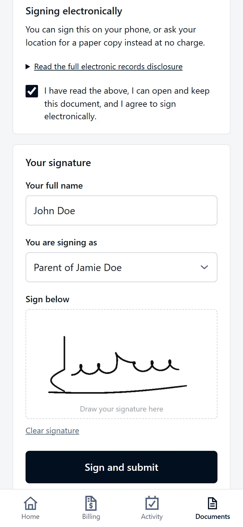 A waiver being signed in the member portal on a phone: the electronic-signature consent ticked, the signer's full name, signing as parent of Jamie Doe, and a signature drawn in the box above the Sign and submit button.