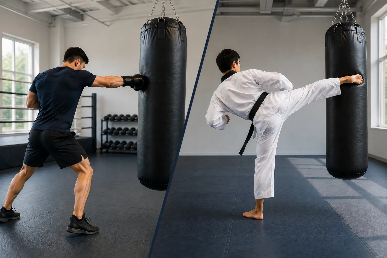 A boxer working a heavy bag in training gloves, beside a taekwondo practitioner throwing a high kick in a white uniform and black belt.