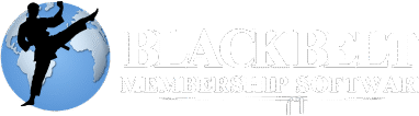 Martial artist kicking over a globe with Black Belt Membership Software logo, symbolizing global unity in martial arts.