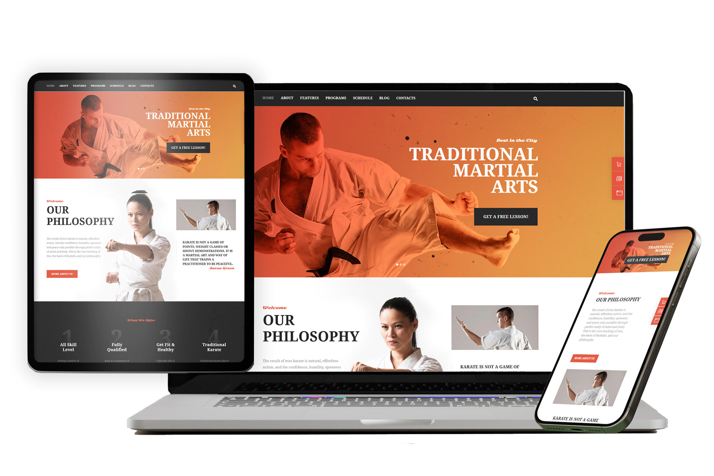 Martial arts website displayed on laptop, iPad, and smartphone