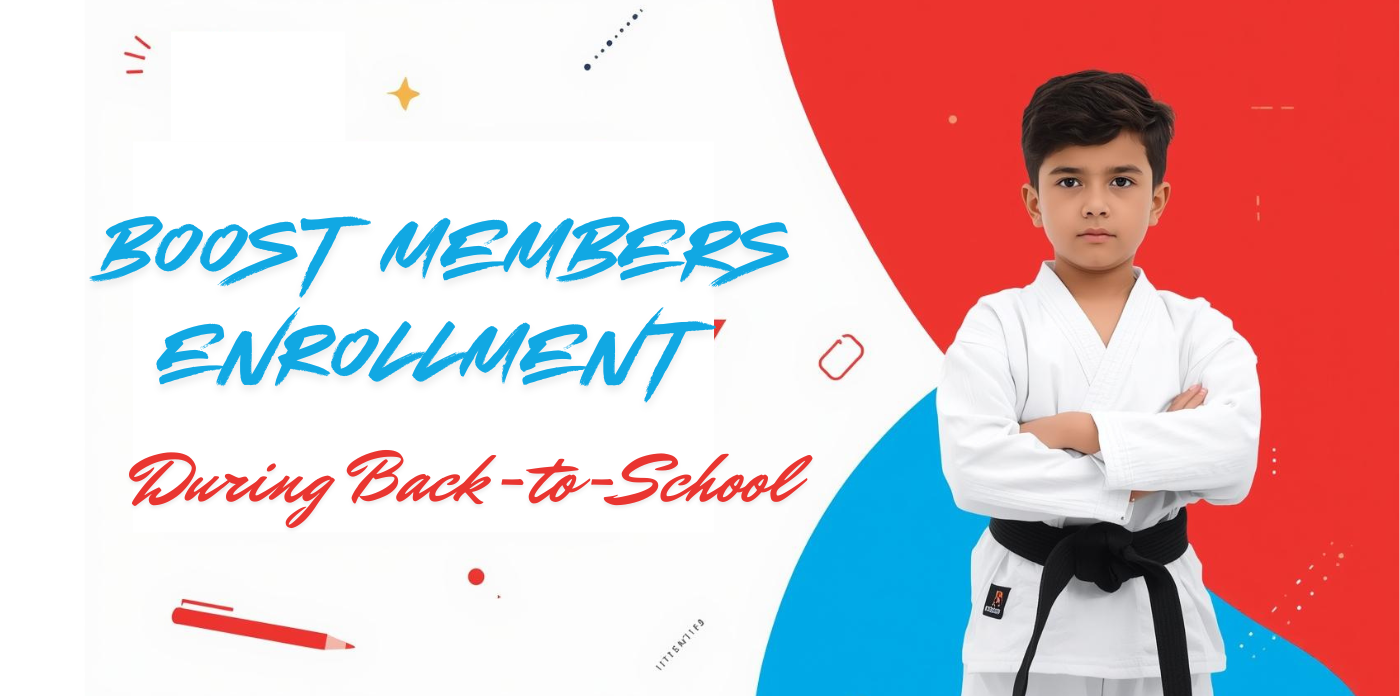 Martial arts student in a white gi with a black belt standing confidently, surrounded by school-themed elements, promoting back-to-school enrollment strategies.