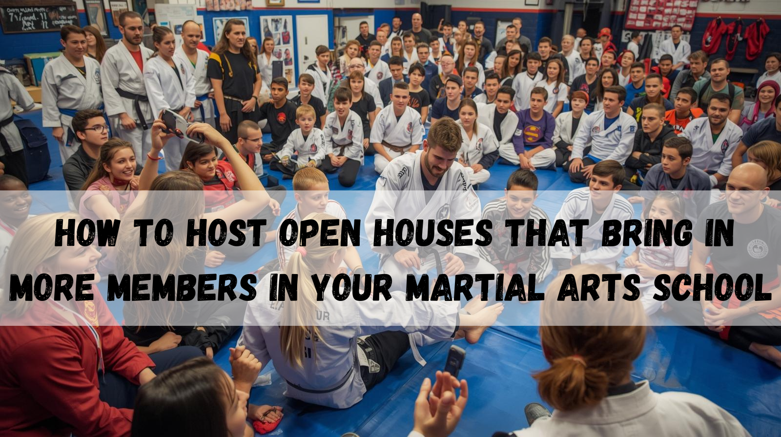 Open house event at a martial arts school with students, parents, and instructors gathered in the dojo.