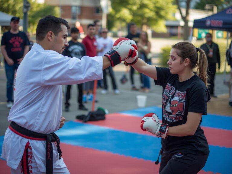 Martial arts school demonstrating techniques at a local community event to attract new students.