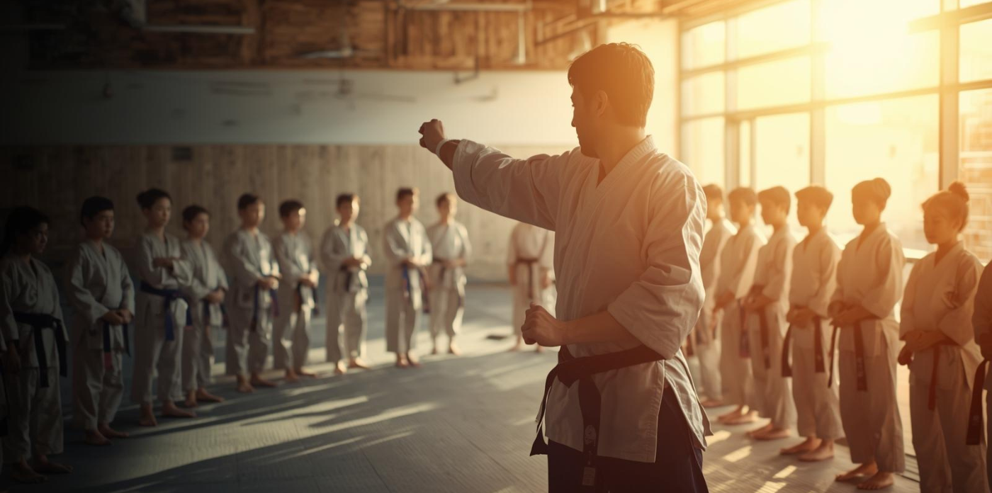 Martial arts instructor guiding students in a modern dojo — representing martial arts business growth strategies.
