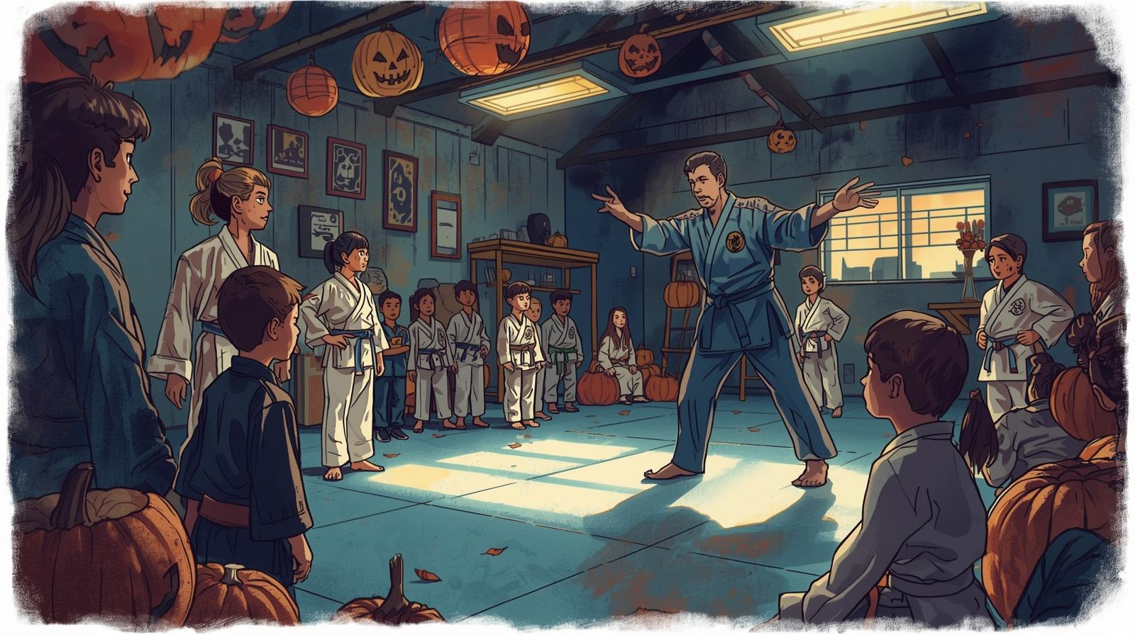 Martial arts instructor leading students in a dojo decorated for Halloween, engaging in community and training activities
