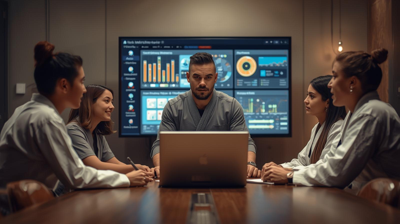 Martial arts school owner leading a team meeting about dojo operations using software tools.