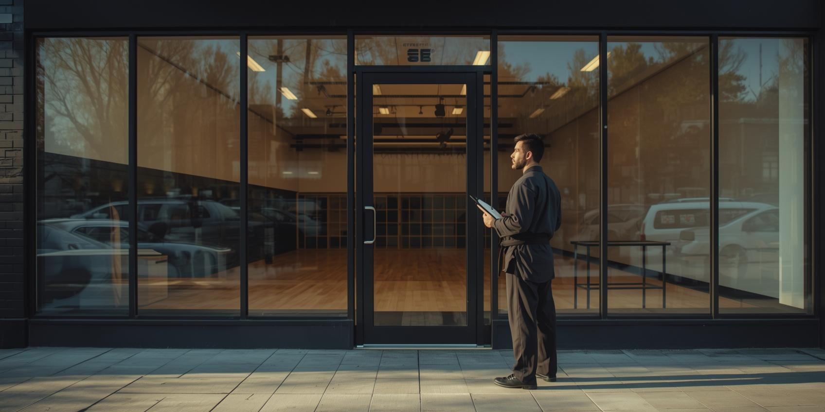 "Martial arts instructor standing outside an empty building, imagining opening a new dojo or martial arts studio inside."