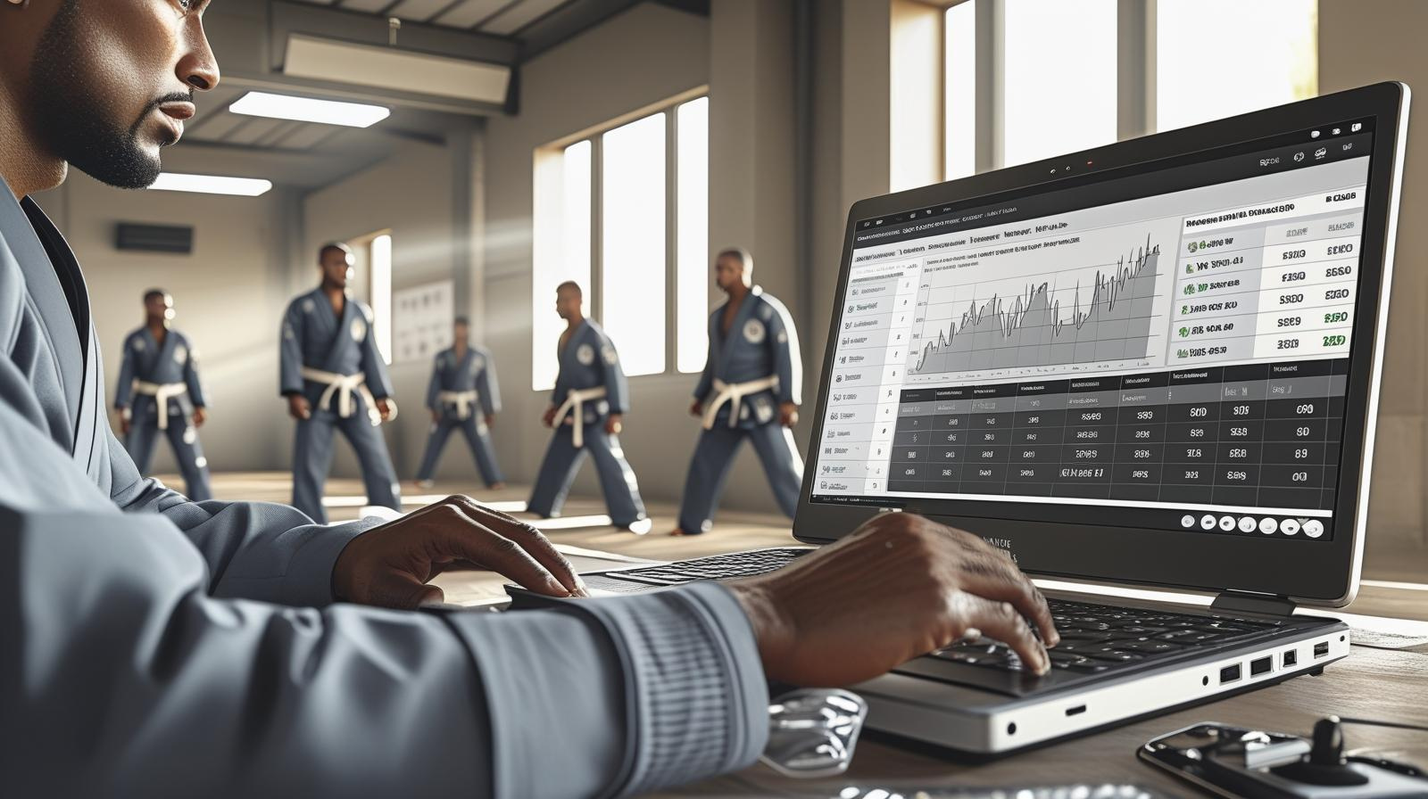 Martial arts school owner reviewing automatic billing reports using Black Belt Membership Software.