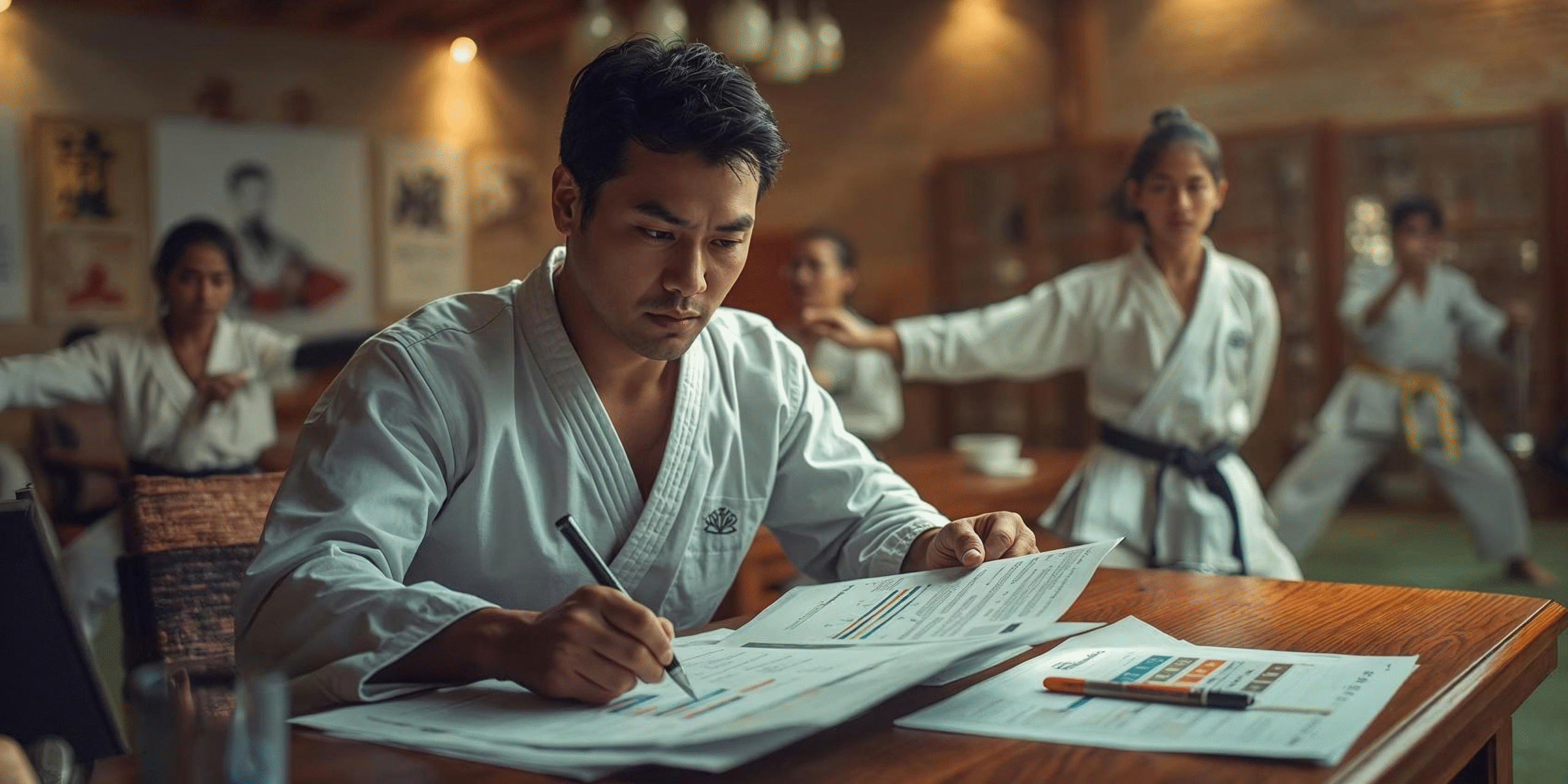A martial arts school owner reviewing financial projections and expenses for their first year, representing how to forecast revenue and expenses for a new martial arts school.