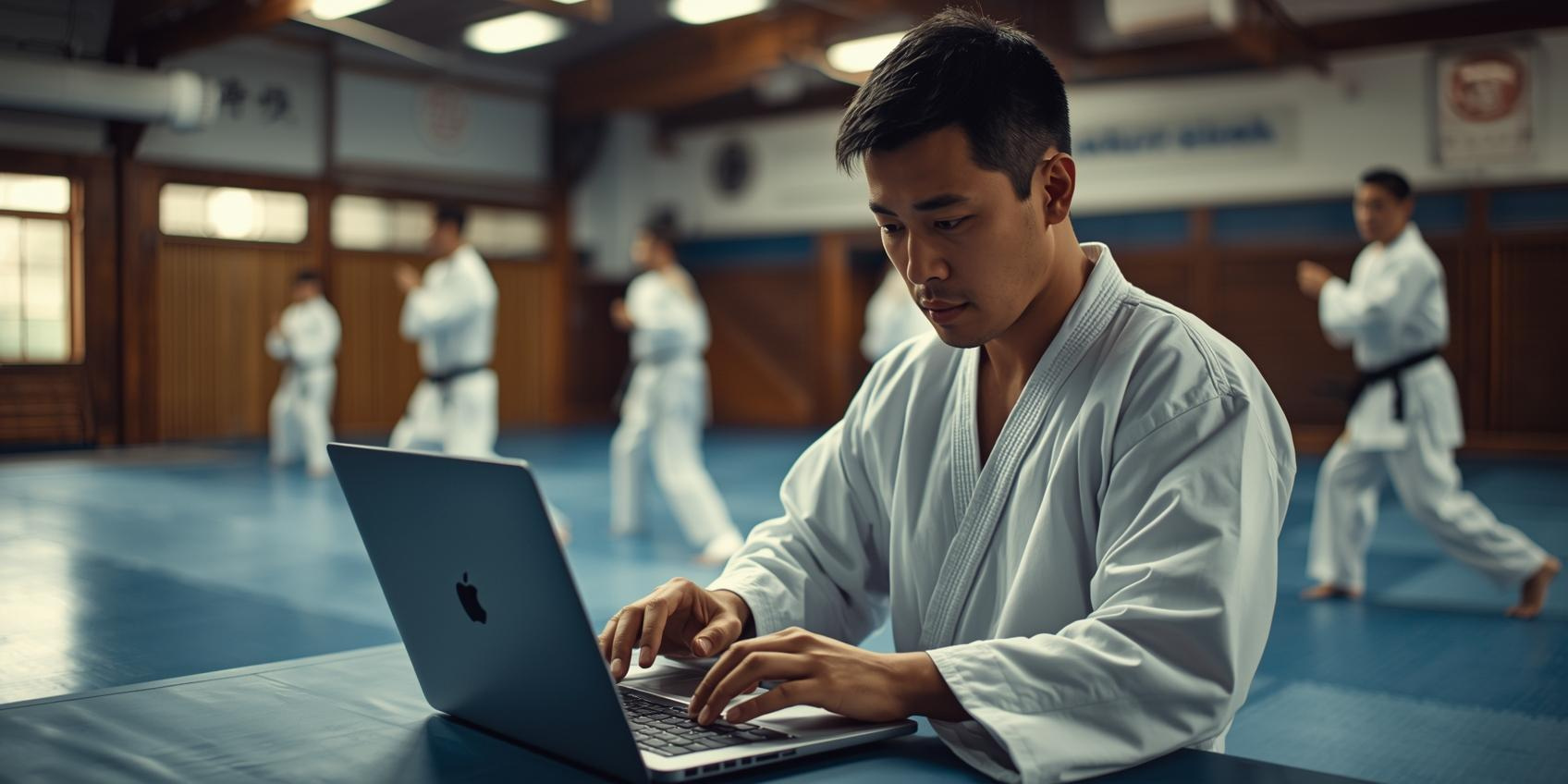 Instructor using Black Belt Membership Software to manage dojo members and payments.