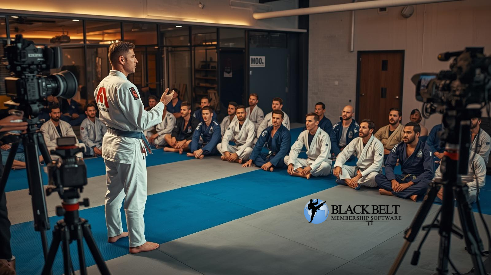 Brazilian Jiu-Jitsu instructor giving a motivational talk to adult students while cameras on tripods record the class at a modern BJJ academy.
