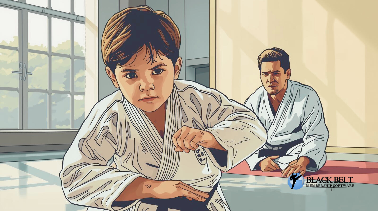 Parent watches child practice martial arts, showing focus and confidence.