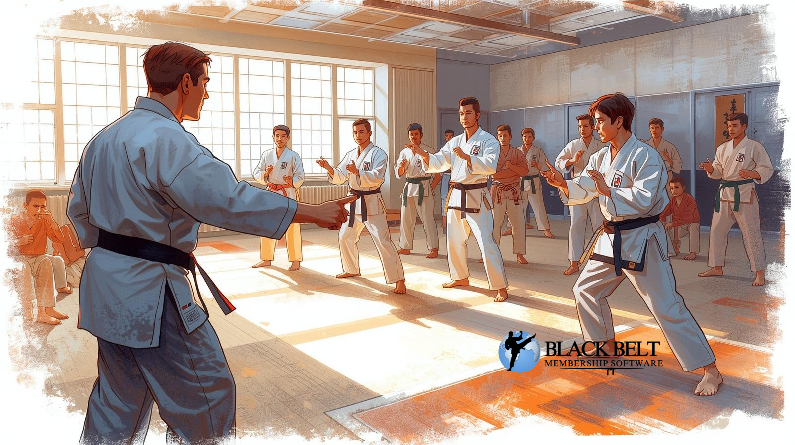 Instructor coaching students in a modern martial arts dojo.