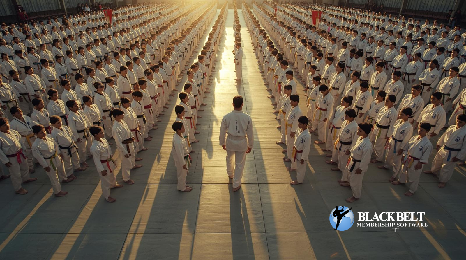 Martial arts students bowing in formation to demonstrate strong, positive school culture.