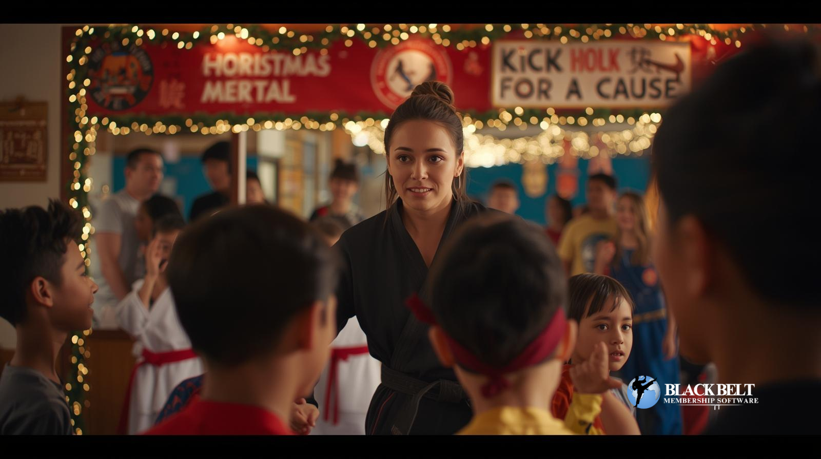 artial arts holiday class with festive decorations.