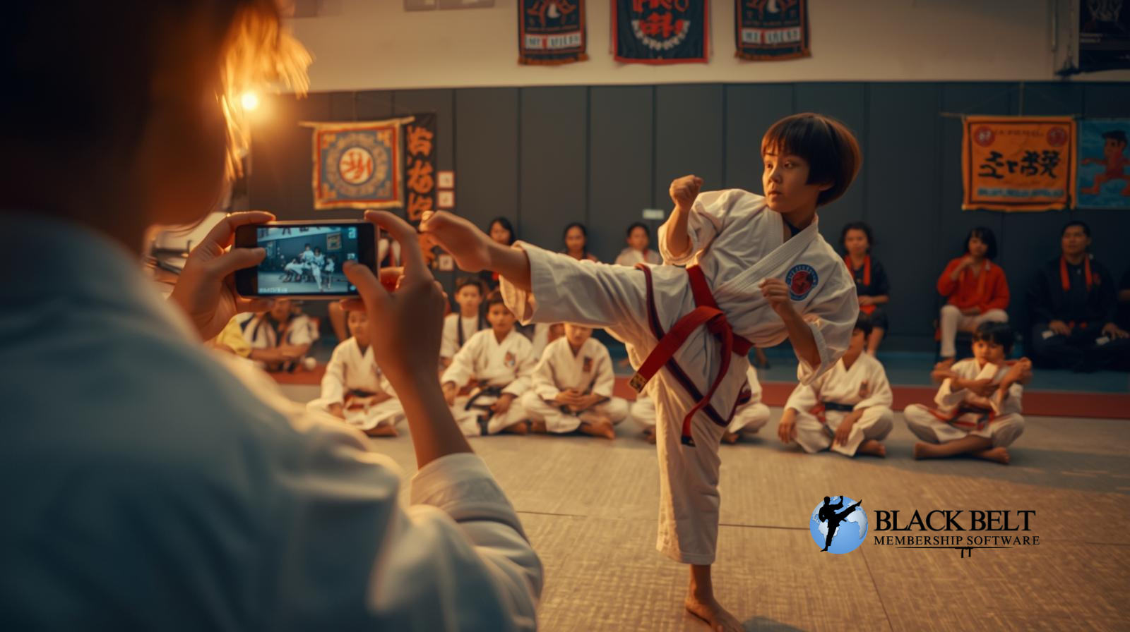 Cinematic martial arts school scene showing an instructor demonstrating a kick while students watch and a smartphone records the class.