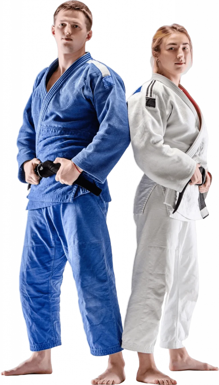 Male and female martial arts practitioners in blue and white Gi