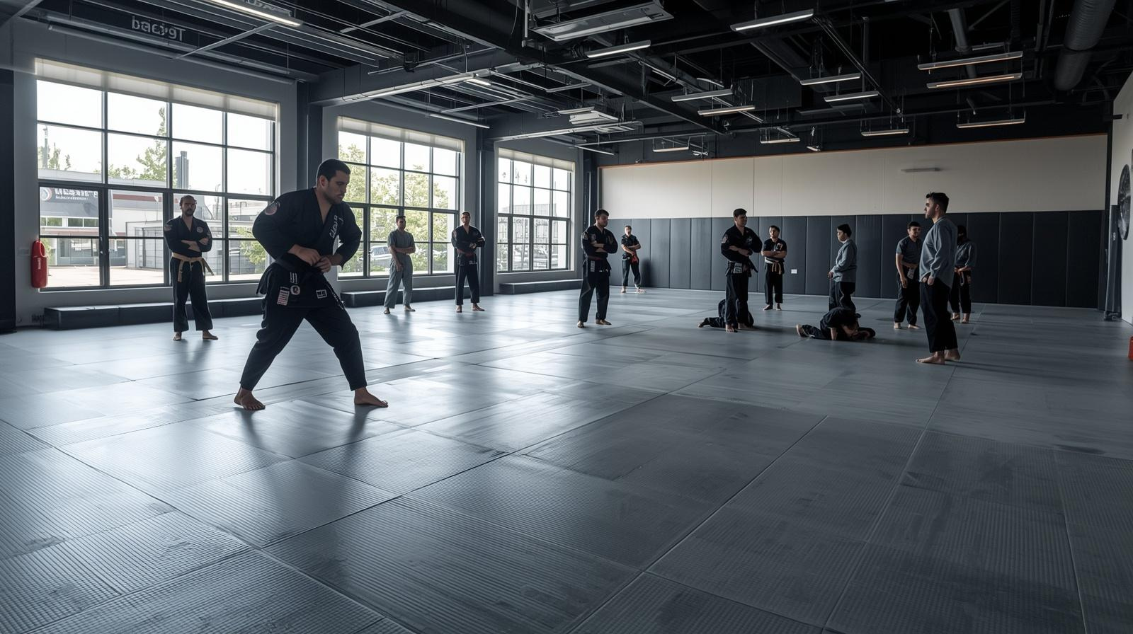 Brazilian Jiu-Jitsu class training in a modern martial arts school with students practicing techniques on the mat