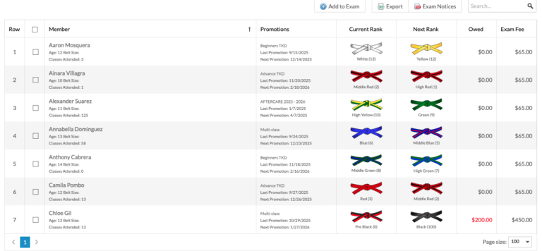 Black Belt Membership martial arts software promotion screen showing student belt rank advancement management