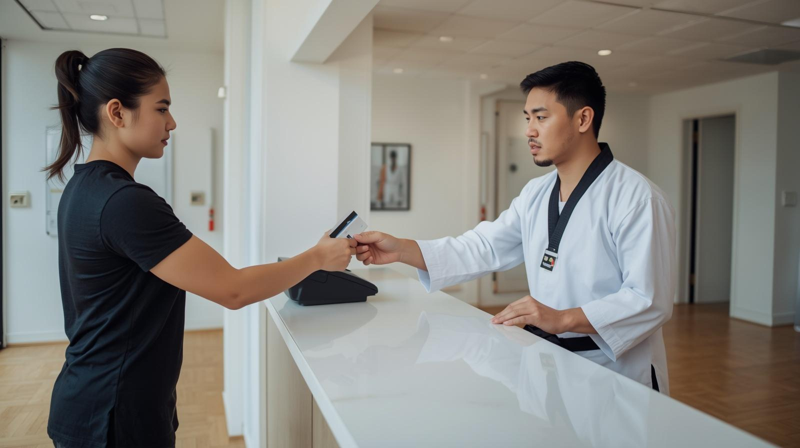 TaeKwonDo instructor accepting a credit card payment from a parent using Black Belt Membership Software martial arts billing and payments system