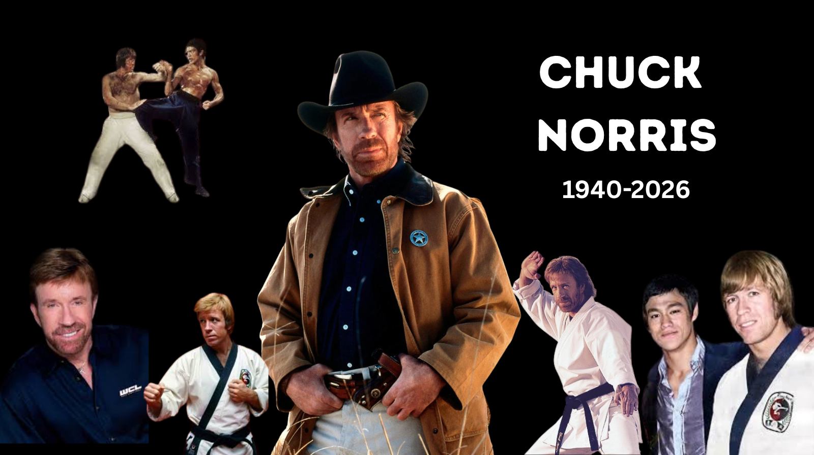 Chuck Norris standing strong in a classic martial arts pose, symbolizing strength, discipline, and timeless legacy.