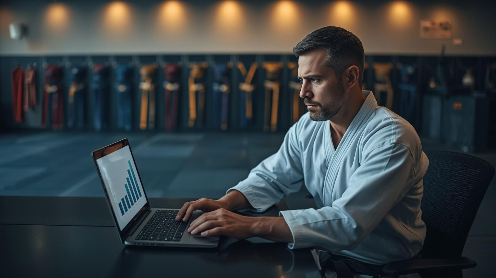Martial arts school owner in a white gi reviewing student retention data on a laptop at a dojo front desk