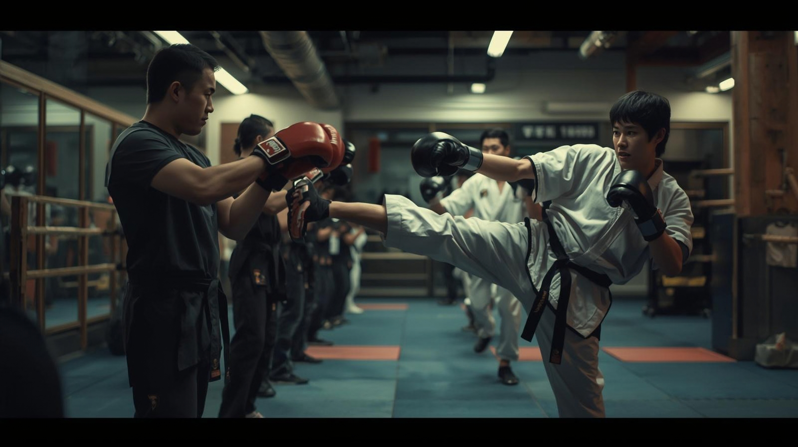 Martial arts instructor coaching adult students in a traditional dojo combat class
