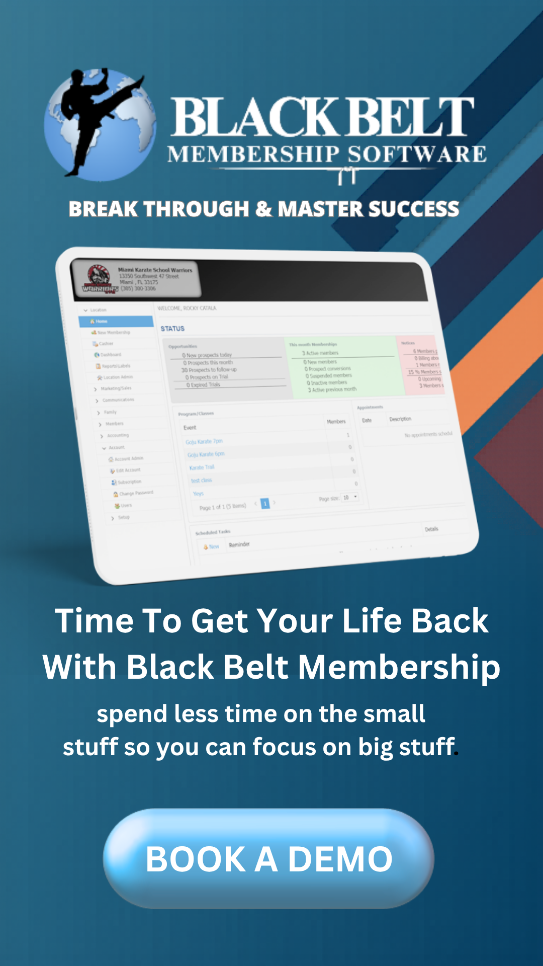 Black Belt Membership Software dashboard helping martial arts school owners automate tasks and reclaim time for business growth
