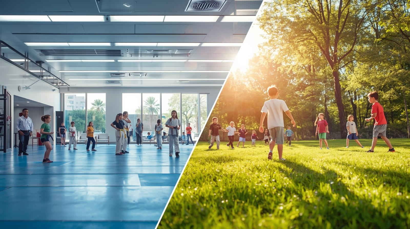 Martial arts instructor organizing a structured summer camp program inside a dojo with students in uniform practicing drills