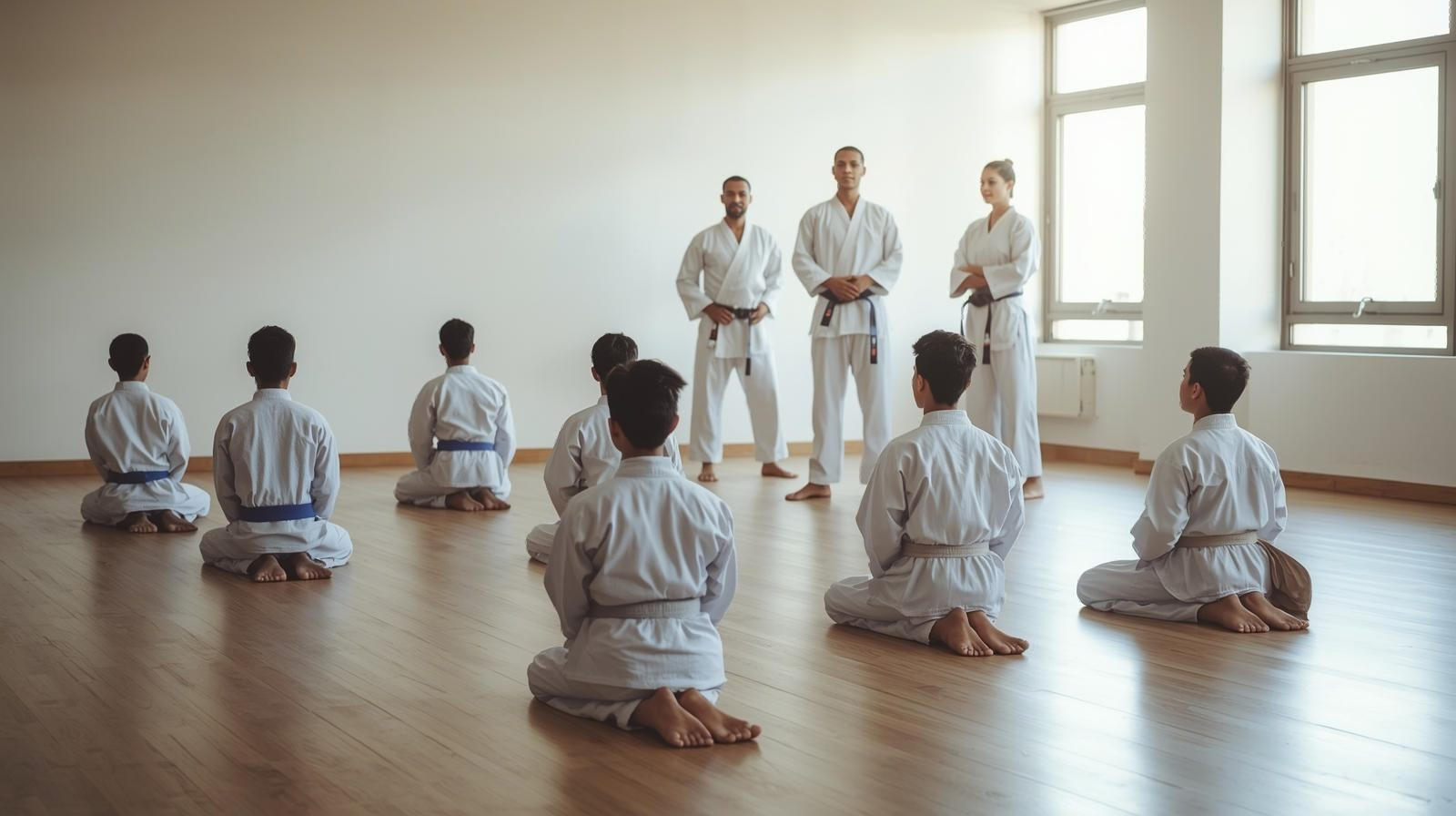 Karate students performing belt rank testing using Black Belt martial arts school management software
