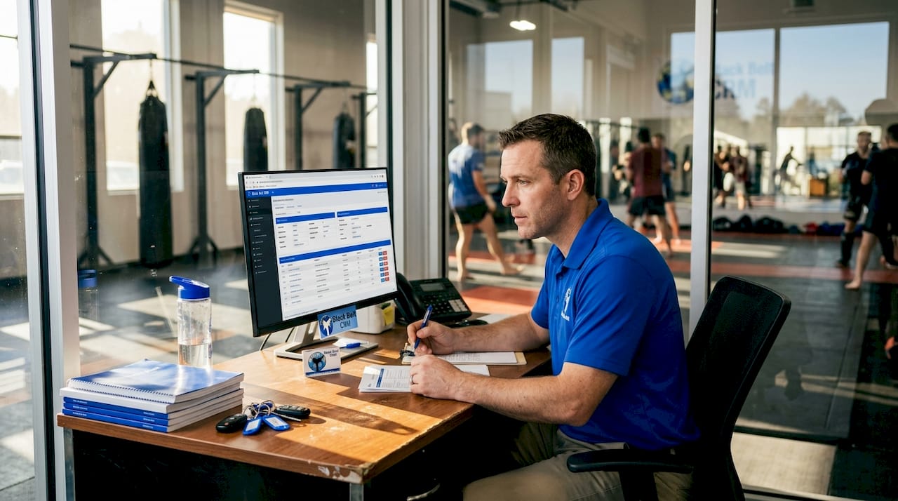 MMA gym manager reviewing member records in office