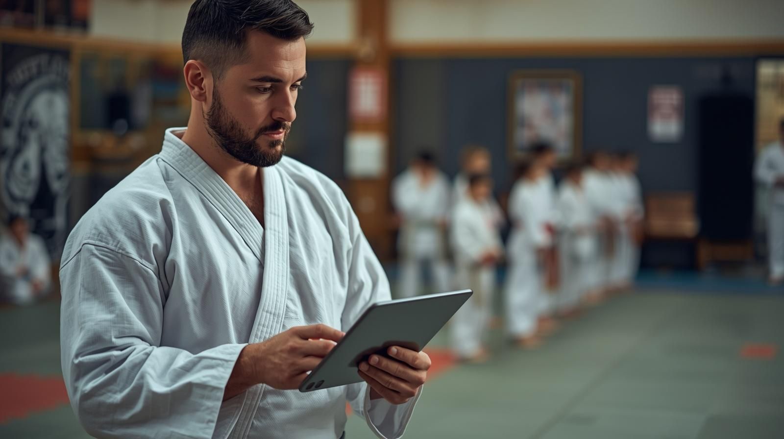 1. Martial arts school owner reviewing membership management software on desktop