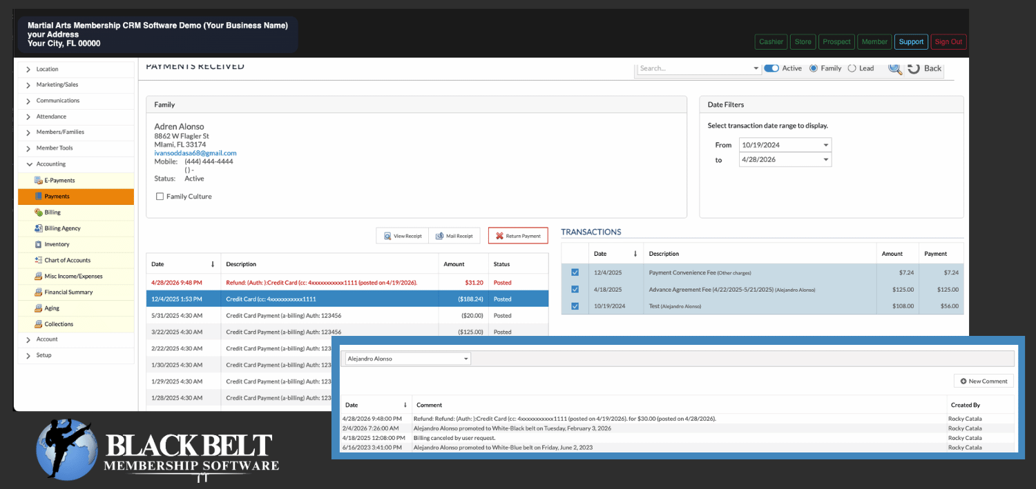 Martial arts school billing audit trail view with member transaction lifecycle in Black Belt Membership Software