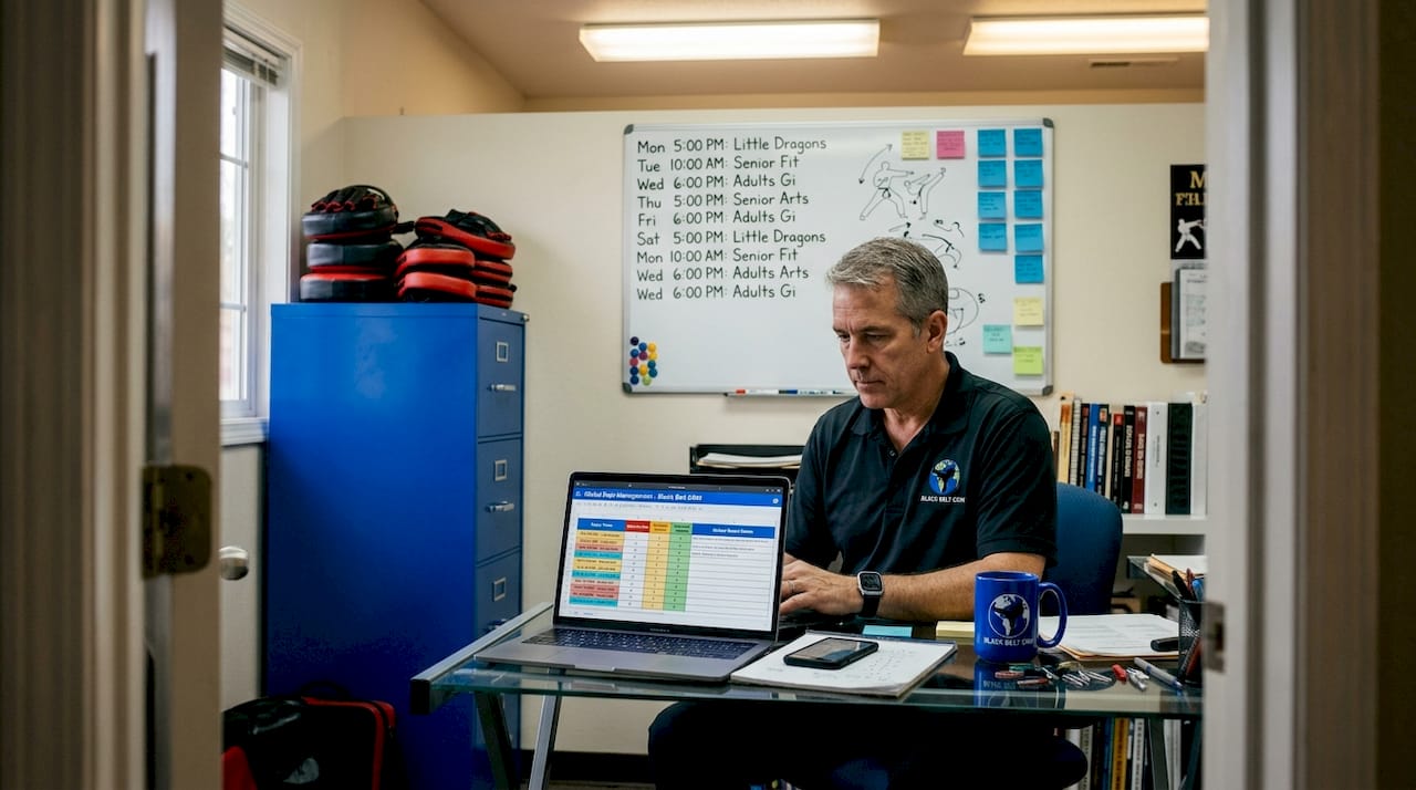 Martial arts instructor using scheduling software at desk