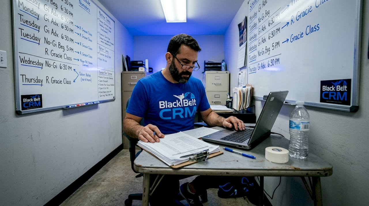BJJ gym manager reviewing paperwork at desk