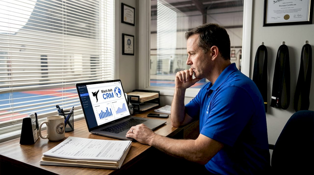 Martial arts school owner reviews membership dashboard