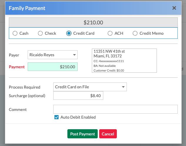 Cashier checkout screen in Black Belt Membership software showing a credit card payment with a clearly itemized surcharge fee and total amount.
